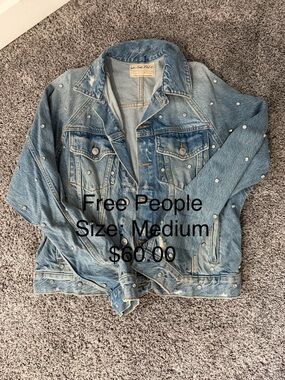 Free People Light Blue Pearl-Studded Denim Jacket